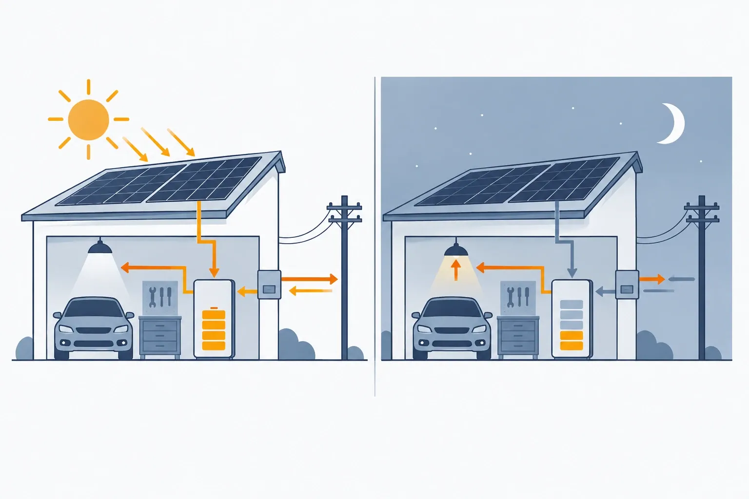 Links dag met zon en zonnedak laadt thuisbatterij, rechts nacht levert batterij stroom aan huis en net